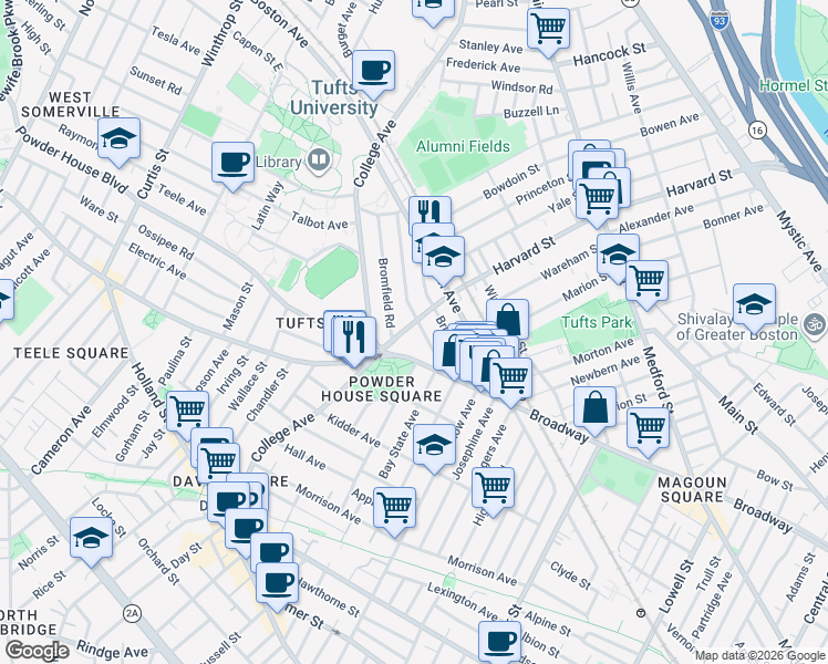 map of restaurants, bars, coffee shops, grocery stores, and more near 37 Warner Street in Somerville