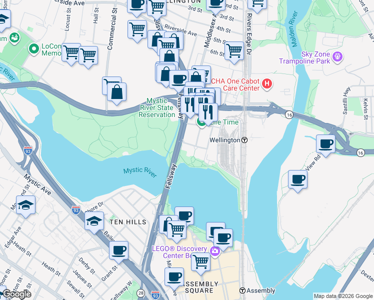 map of restaurants, bars, coffee shops, grocery stores, and more near 101 Presidents Landing in Medford