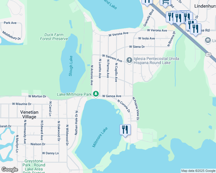 map of restaurants, bars, coffee shops, grocery stores, and more near 37084 North Parma Avenue in Lake Villa