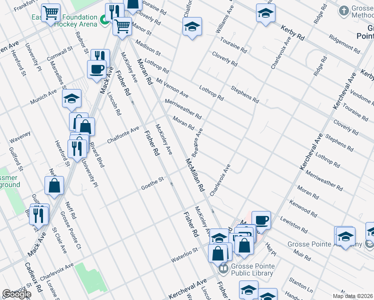 map of restaurants, bars, coffee shops, grocery stores, and more near 177 Beaupre Avenue in Grosse Pointe Farms