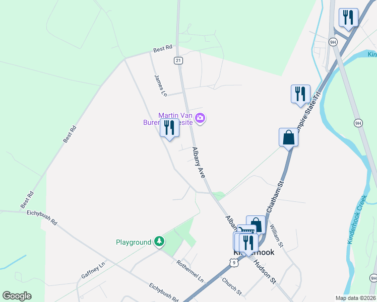 map of restaurants, bars, coffee shops, grocery stores, and more near 2 Datus Court in Kinderhook