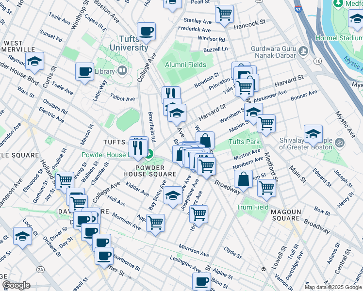 map of restaurants, bars, coffee shops, grocery stores, and more near 601 Boston Avenue in Medford