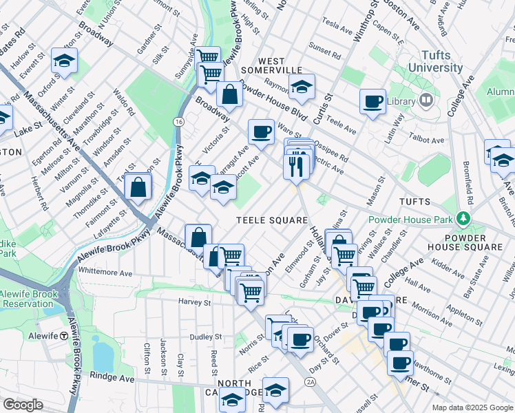 map of restaurants, bars, coffee shops, grocery stores, and more near 65 Clarendon Avenue in Somerville