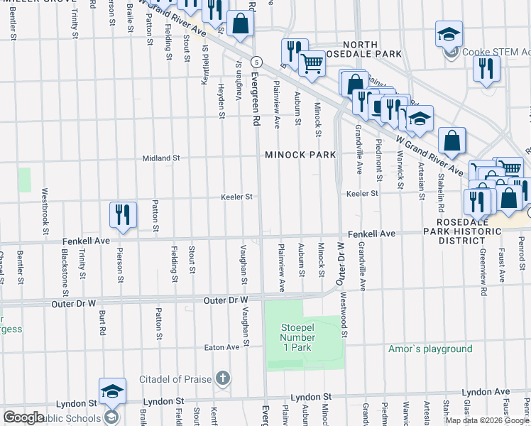 map of restaurants, bars, coffee shops, grocery stores, and more near 15346 Evergreen Road in Detroit