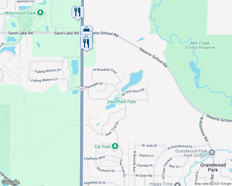 map of restaurants, bars, coffee shops, grocery stores, and more near 18701 Meadow Grass Drive in Lake Villa
