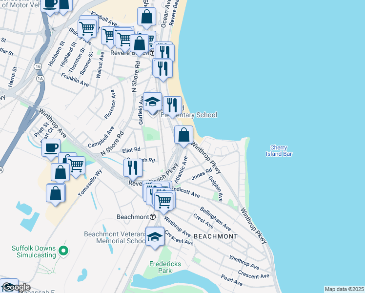 map of restaurants, bars, coffee shops, grocery stores, and more near Eliot Circle in Revere