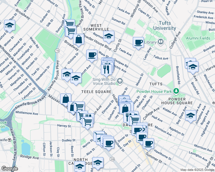 map of restaurants, bars, coffee shops, grocery stores, and more near 206 Holland Street in Somerville