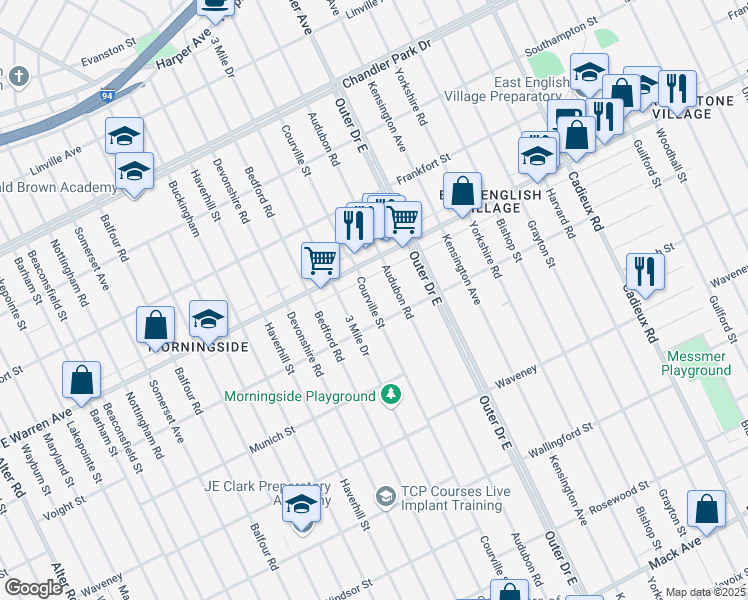 map of restaurants, bars, coffee shops, grocery stores, and more near 4850 Courville Street in Detroit