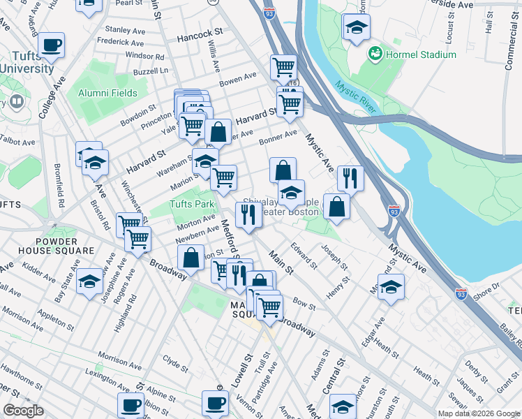 map of restaurants, bars, coffee shops, grocery stores, and more near 19 Ellis Avenue in Medford