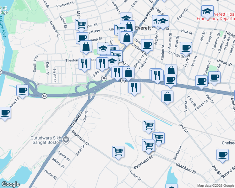 map of restaurants, bars, coffee shops, grocery stores, and more near 59 Paris Street in Everett