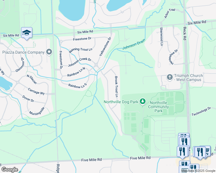 map of restaurants, bars, coffee shops, grocery stores, and more near 16098 Johnson Creek Drive in Northville