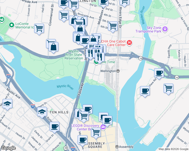 map of restaurants, bars, coffee shops, grocery stores, and more near 80 Station Landing in Medford