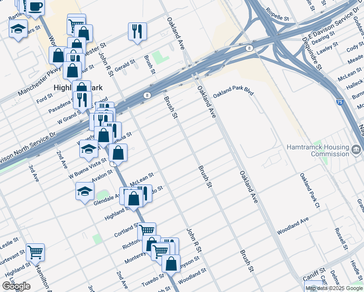 map of restaurants, bars, coffee shops, grocery stores, and more near 160 Farrand Park in Highland Park