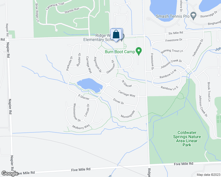 map of restaurants, bars, coffee shops, grocery stores, and more near 16857 Carriage Way in Northville