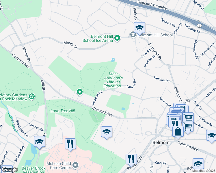 map of restaurants, bars, coffee shops, grocery stores, and more near 275 Somerset Street in Belmont