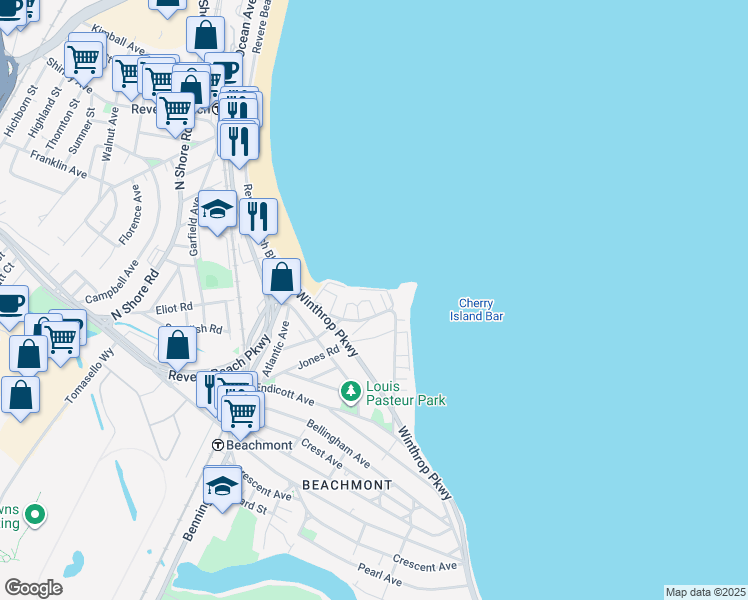 map of restaurants, bars, coffee shops, grocery stores, and more near 15 Undine Ave in Revere