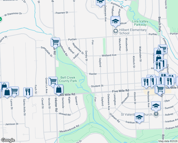 map of restaurants, bars, coffee shops, grocery stores, and more near 15531 Fox in Redford Charter Township