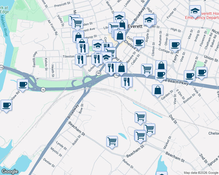 map of restaurants, bars, coffee shops, grocery stores, and more near 53 Paris Street in Everett