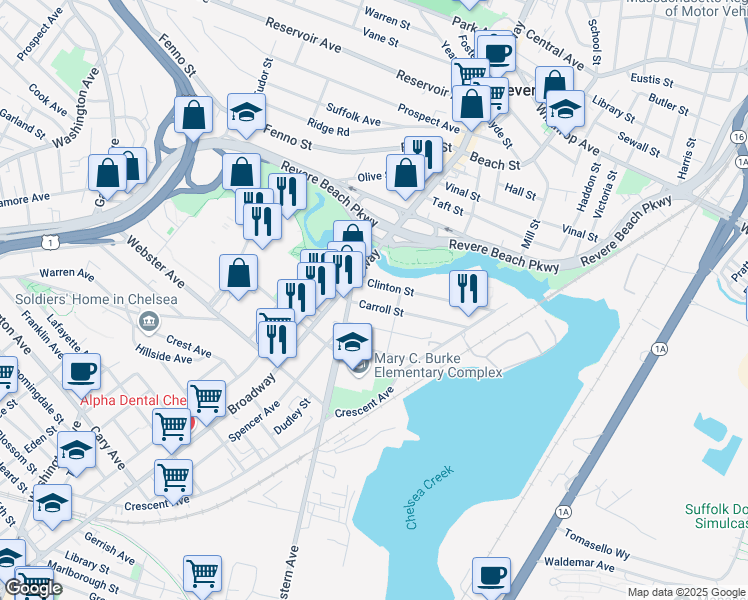 map of restaurants, bars, coffee shops, grocery stores, and more near 471 Eastern Avenue in Chelsea