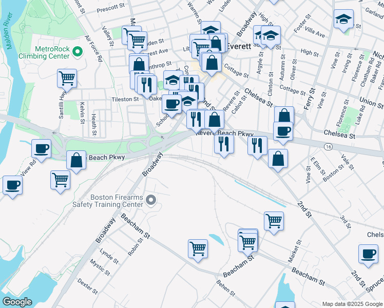 map of restaurants, bars, coffee shops, grocery stores, and more near 37 Paris Street in Everett