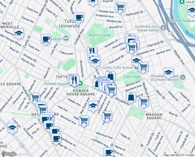map of restaurants, bars, coffee shops, grocery stores, and more near 601 Boston Avenue in Medford