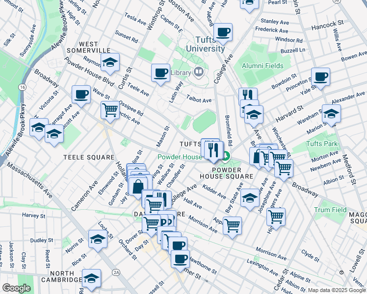 map of restaurants, bars, coffee shops, grocery stores, and more near 42 Powder House Boulevard in Somerville