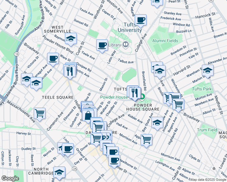 map of restaurants, bars, coffee shops, grocery stores, and more near 27 Burnham Street in Somerville
