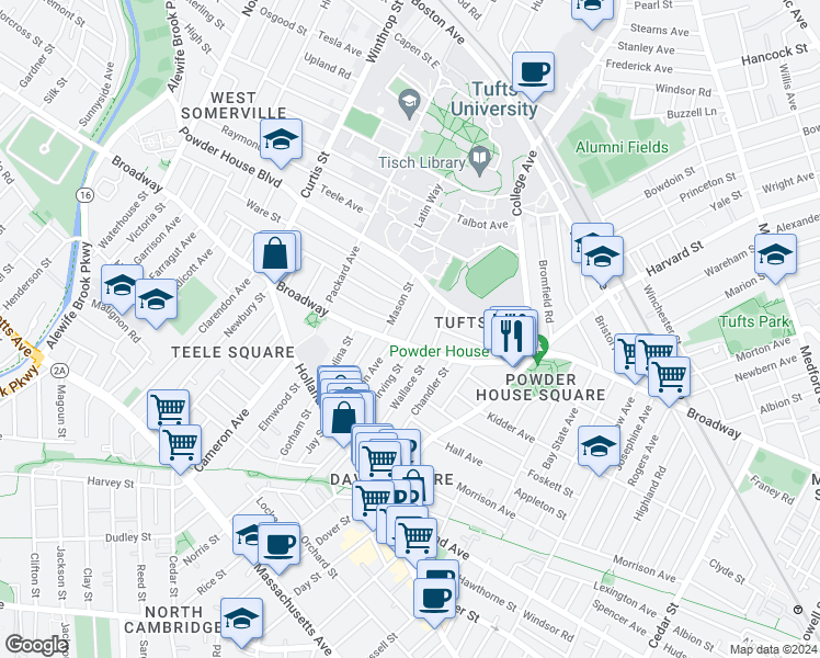 map of restaurants, bars, coffee shops, grocery stores, and more near 27 Burnham Street in Somerville