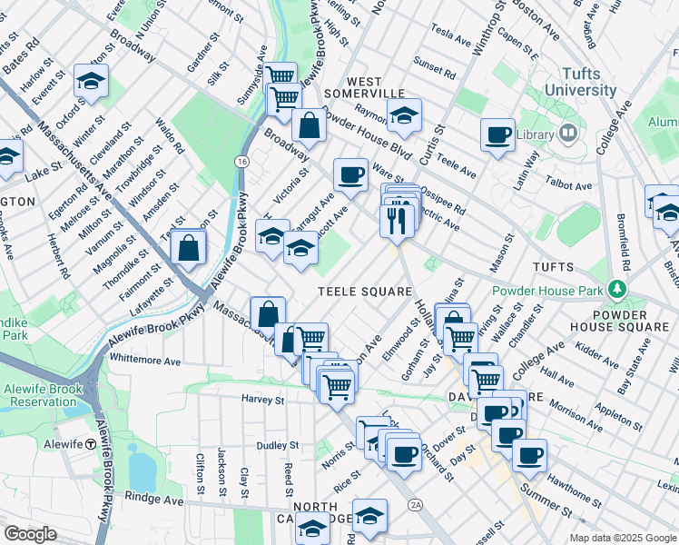map of restaurants, bars, coffee shops, grocery stores, and more near 65 Clarendon Avenue in Somerville