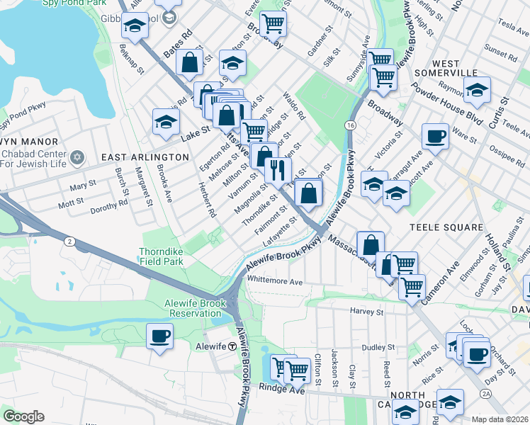 map of restaurants, bars, coffee shops, grocery stores, and more near 14-16 Thorndike Street in Arlington