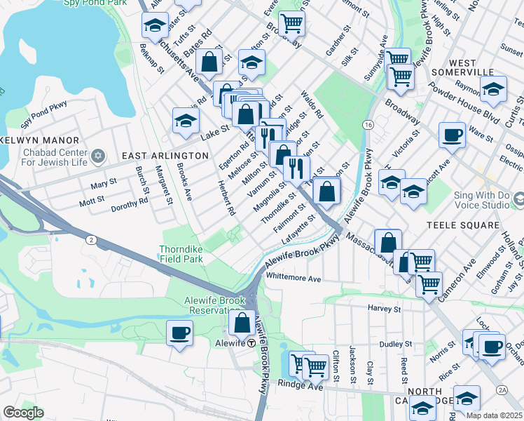 map of restaurants, bars, coffee shops, grocery stores, and more near 36 Magnolia Street in Arlington