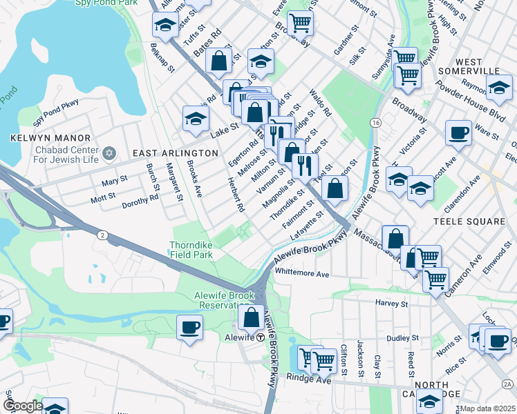 map of restaurants, bars, coffee shops, grocery stores, and more near 64-66 Varnum Street in Arlington
