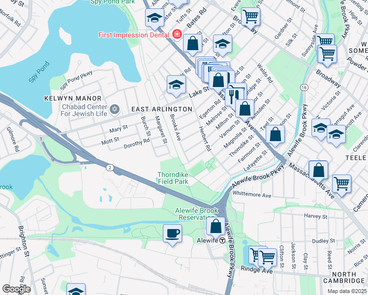 map of restaurants, bars, coffee shops, grocery stores, and more near 33 Brooks Avenue in Arlington