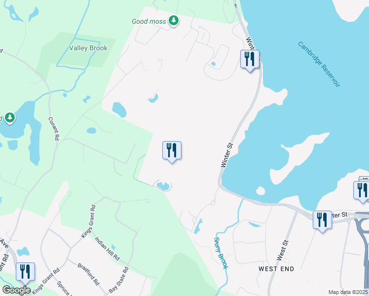 map of restaurants, bars, coffee shops, grocery stores, and more near 830 Winter Street in Waltham