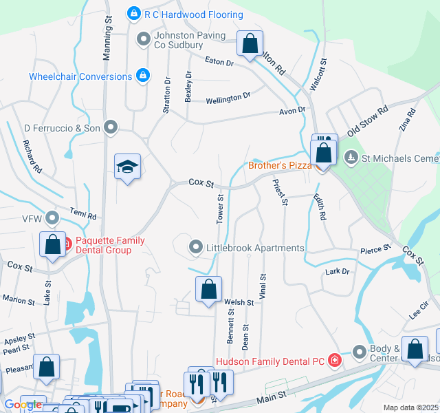 map of restaurants, bars, coffee shops, grocery stores, and more near 0 Hudson Road in Bolton