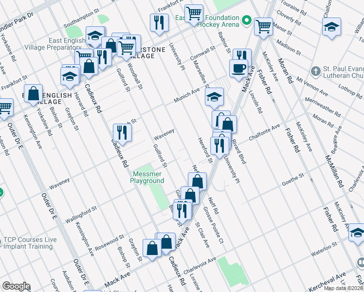 map of restaurants, bars, coffee shops, grocery stores, and more near 4227 Neff Avenue in Detroit