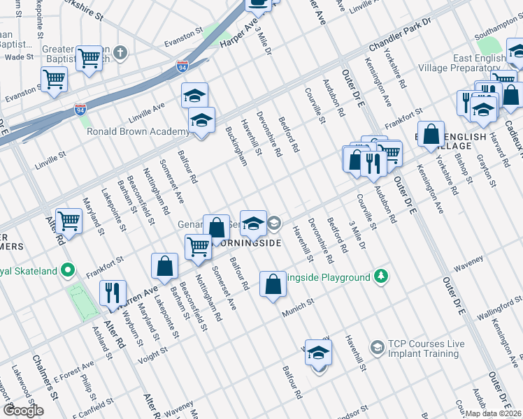 map of restaurants, bars, coffee shops, grocery stores, and more near 5066 Buckingham in Detroit