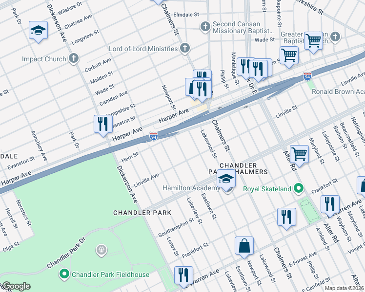 map of restaurants, bars, coffee shops, grocery stores, and more near 5974 Eastlawn Street in Detroit