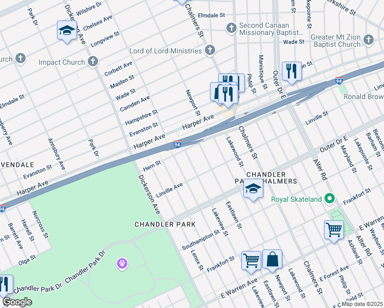 map of restaurants, bars, coffee shops, grocery stores, and more near 6006 Lakeview Street in Detroit