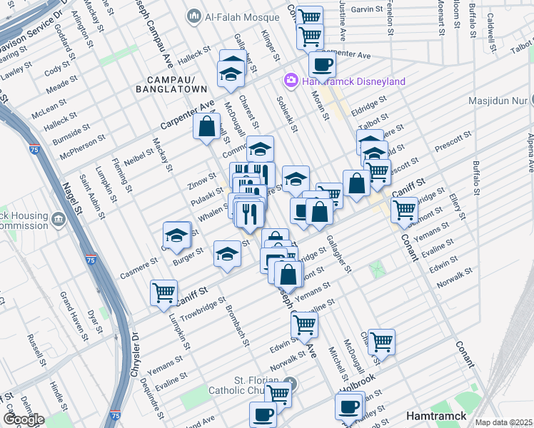 map of restaurants, bars, coffee shops, grocery stores, and more near 11417 McDougall Street in Hamtramck