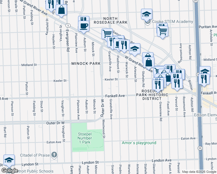 map of restaurants, bars, coffee shops, grocery stores, and more near 9957 Outer Drive West in Detroit