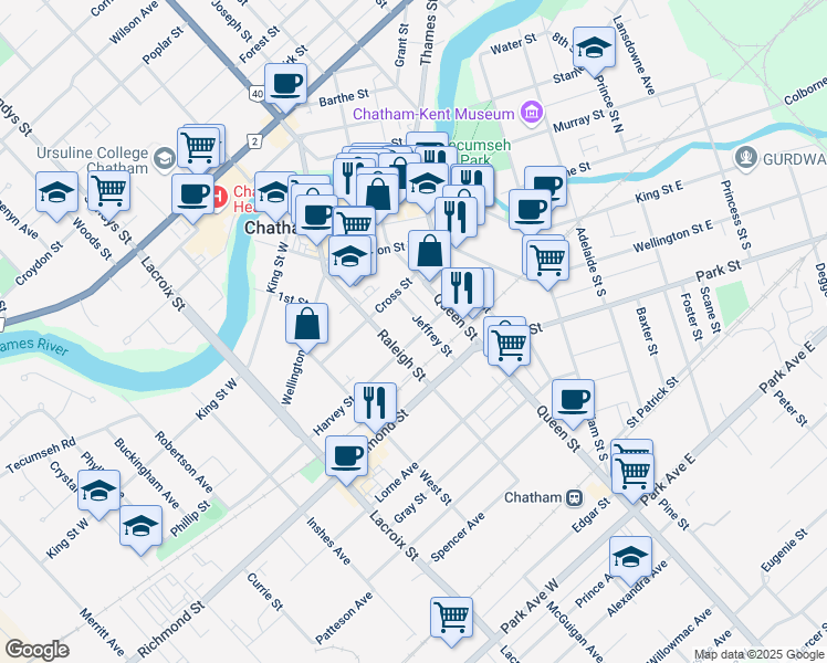 map of restaurants, bars, coffee shops, grocery stores, and more near 71 Raleigh Street in Chatham