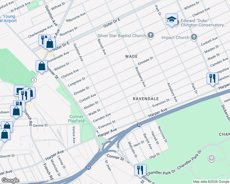 map of restaurants, bars, coffee shops, grocery stores, and more near 11815 Maiden Street in Detroit