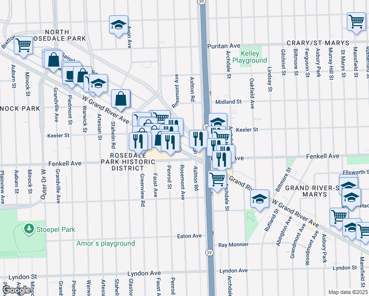 map of restaurants, bars, coffee shops, grocery stores, and more near 18271 Lancashire Street in Detroit