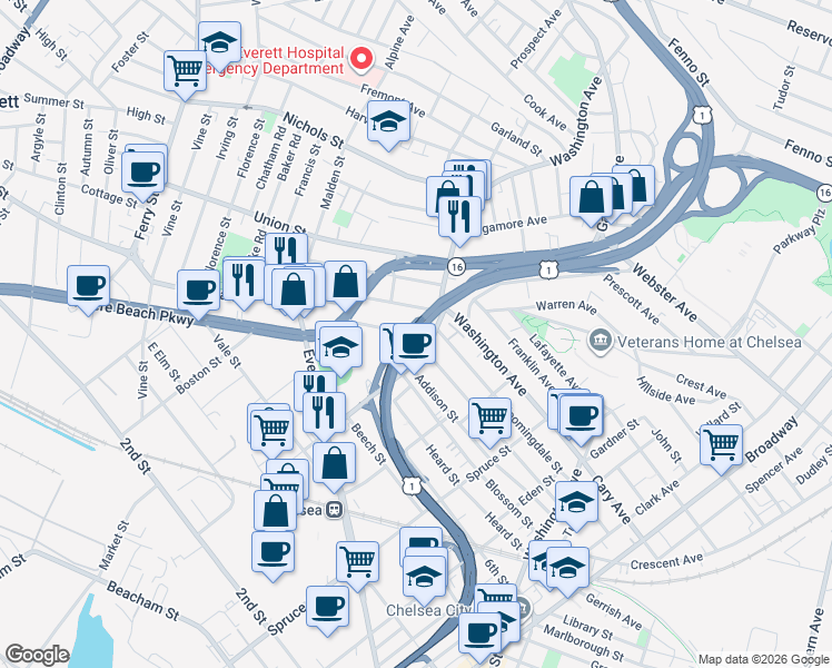 map of restaurants, bars, coffee shops, grocery stores, and more near Adamski Memorial Highway in Chelsea