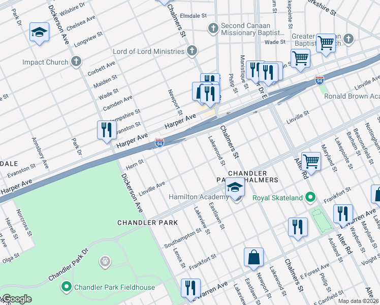 map of restaurants, bars, coffee shops, grocery stores, and more near 5974 Eastlawn Street in Detroit