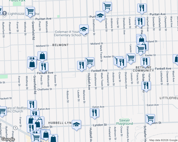 map of restaurants, bars, coffee shops, grocery stores, and more near Fenkell St & Hubbell St in Detroit