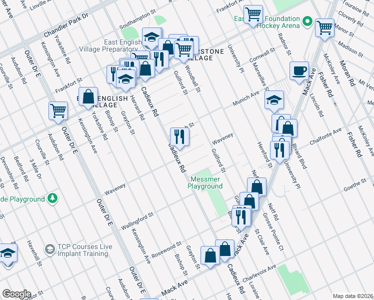 map of restaurants, bars, coffee shops, grocery stores, and more near 17143 Waveney in Detroit