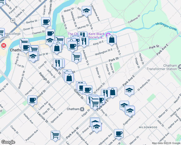 map of restaurants, bars, coffee shops, grocery stores, and more near 136 Adelaide Street South in Chatham