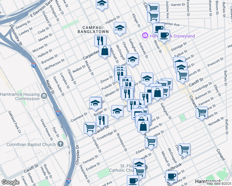 map of restaurants, bars, coffee shops, grocery stores, and more near 2682 Whalen Street in Hamtramck